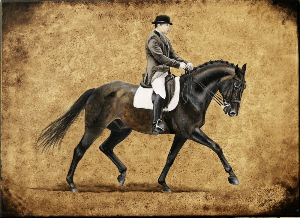 Dressurpferd Armageddon im starken Trab mit Reiter Acryl Acrylgemälde Pferdegemälde Pferdeportrait Fineart Horses