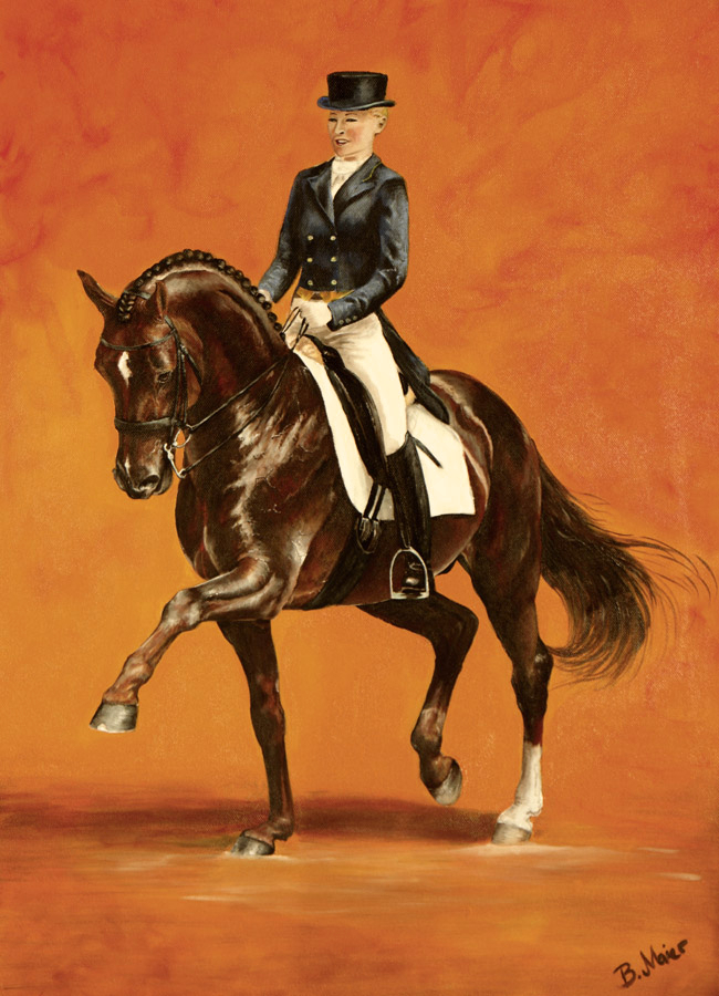 Dressurpferd Damonhill im starken Trab mit Reiter Acryl Acrylgemälde Pferdegemälde Dressur Pferdeportrait Fineart Horses